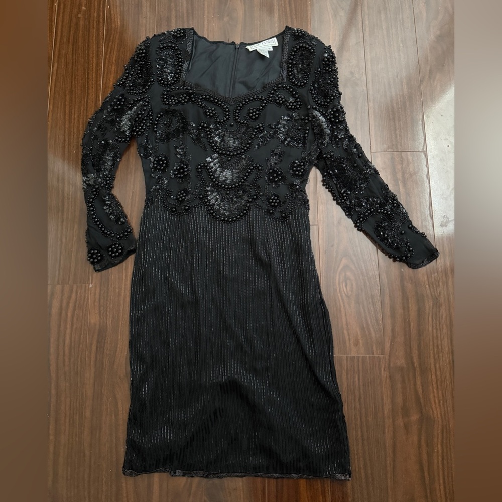 Vintage A.J. Bari Black Beaded & sequin Long Sleeve Dress size 10